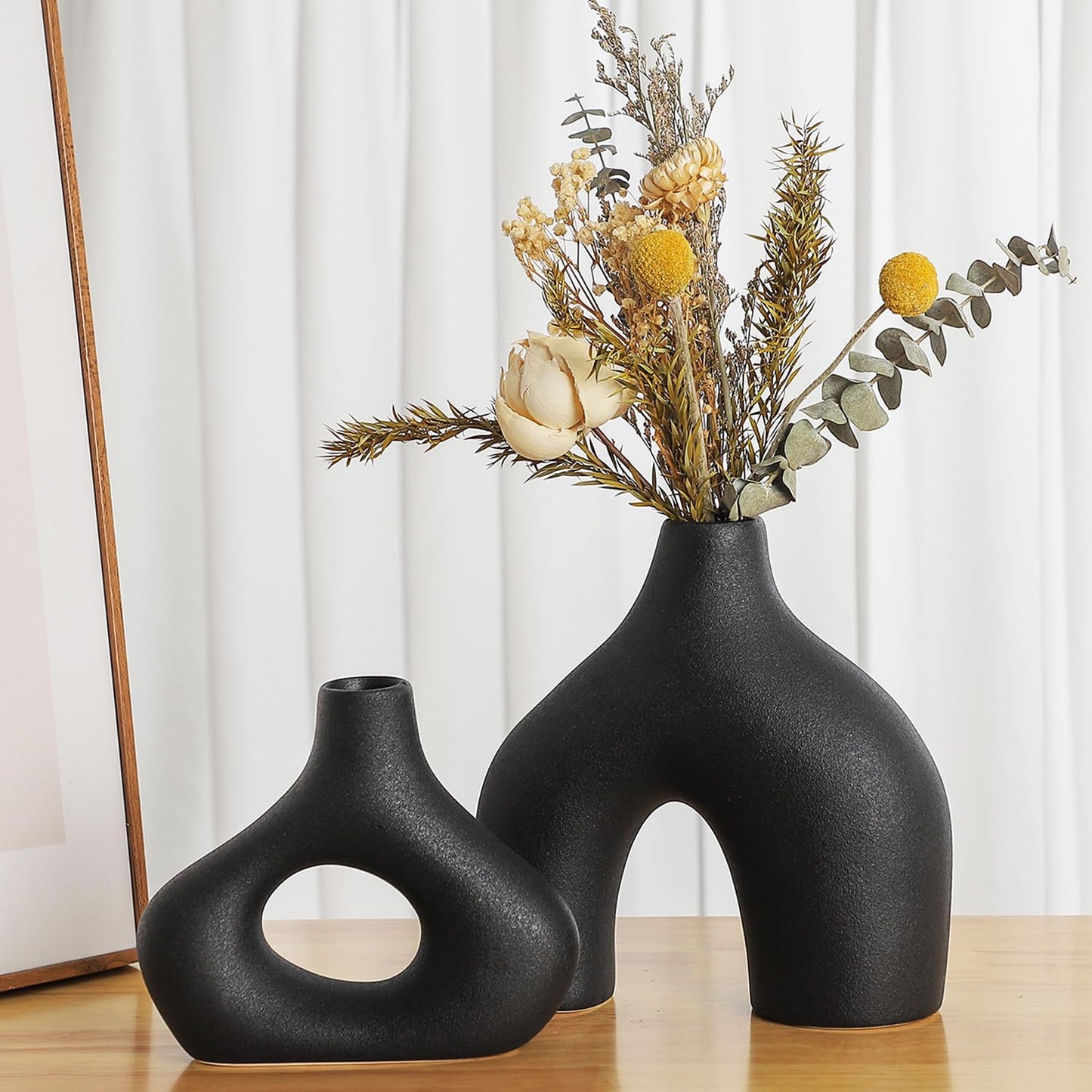 CEMABT Black Ceramic Vase Set of 2 for Modern Minimalist Bohemian Decor,Round Matte Donut Vases for Pampas Grass-Perfect for Living Room, Dining Table, Office Bedroom Shelf Decor Entryway, Console