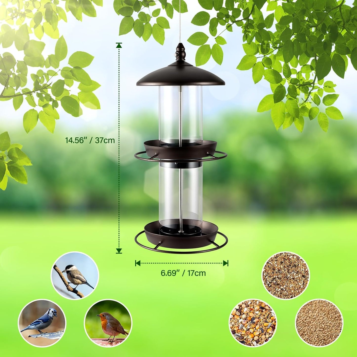 Backyard Expressions 2-Tier Bird Feeder with Sure-Lock Cap and Hanging Hook, Wild Bird Feeders - 4.5 lb Seed Capacity