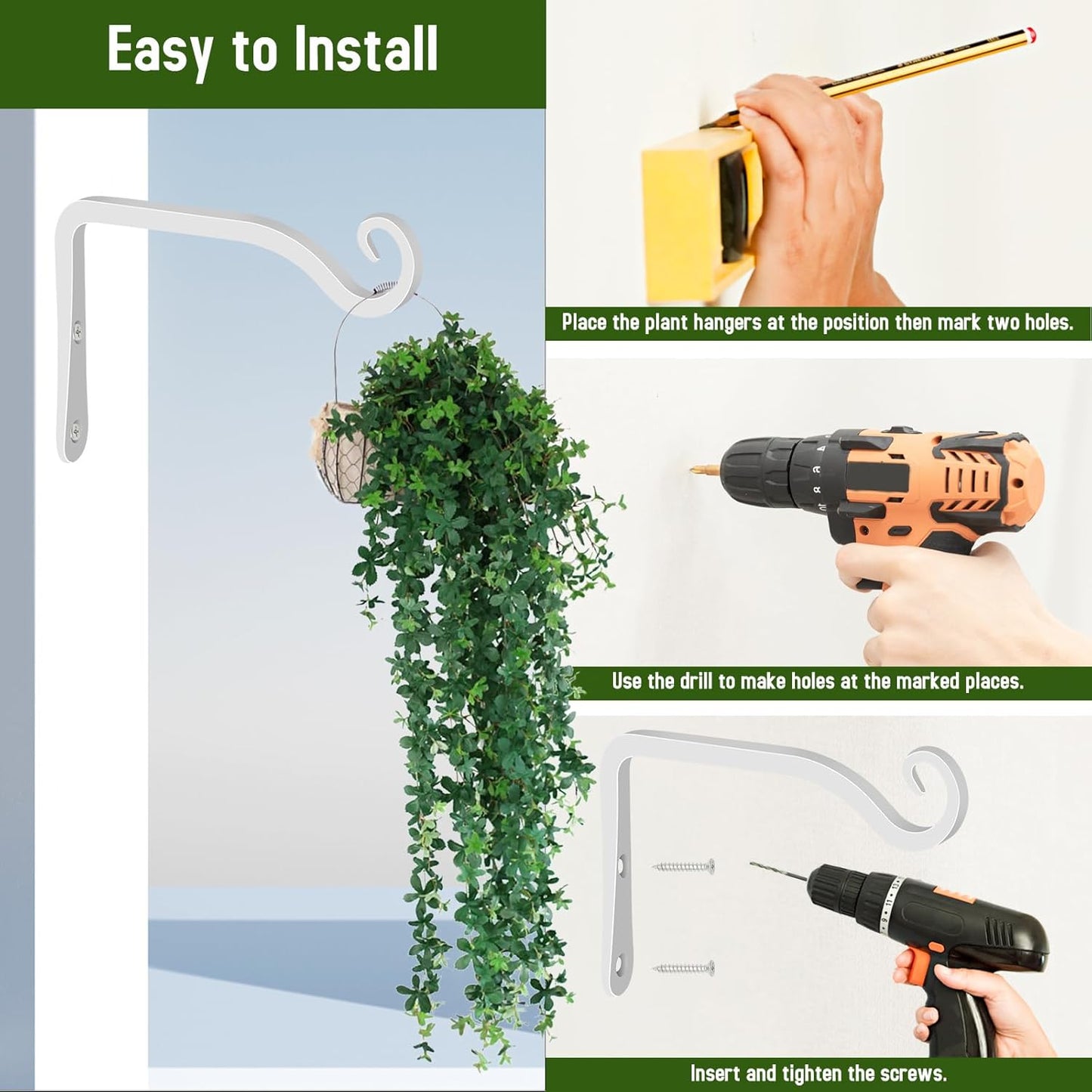 FEED GARDEN Hand-Forged Hanging Plant Bracket Iron Wall Hook for Hanging Bird Feeders, Wind Chimes, Flower Baskets, Lanterns, Yoga Mat, Indoor/Outdoor Use (6 Inch 2 Pack, White, with 4 Screws)