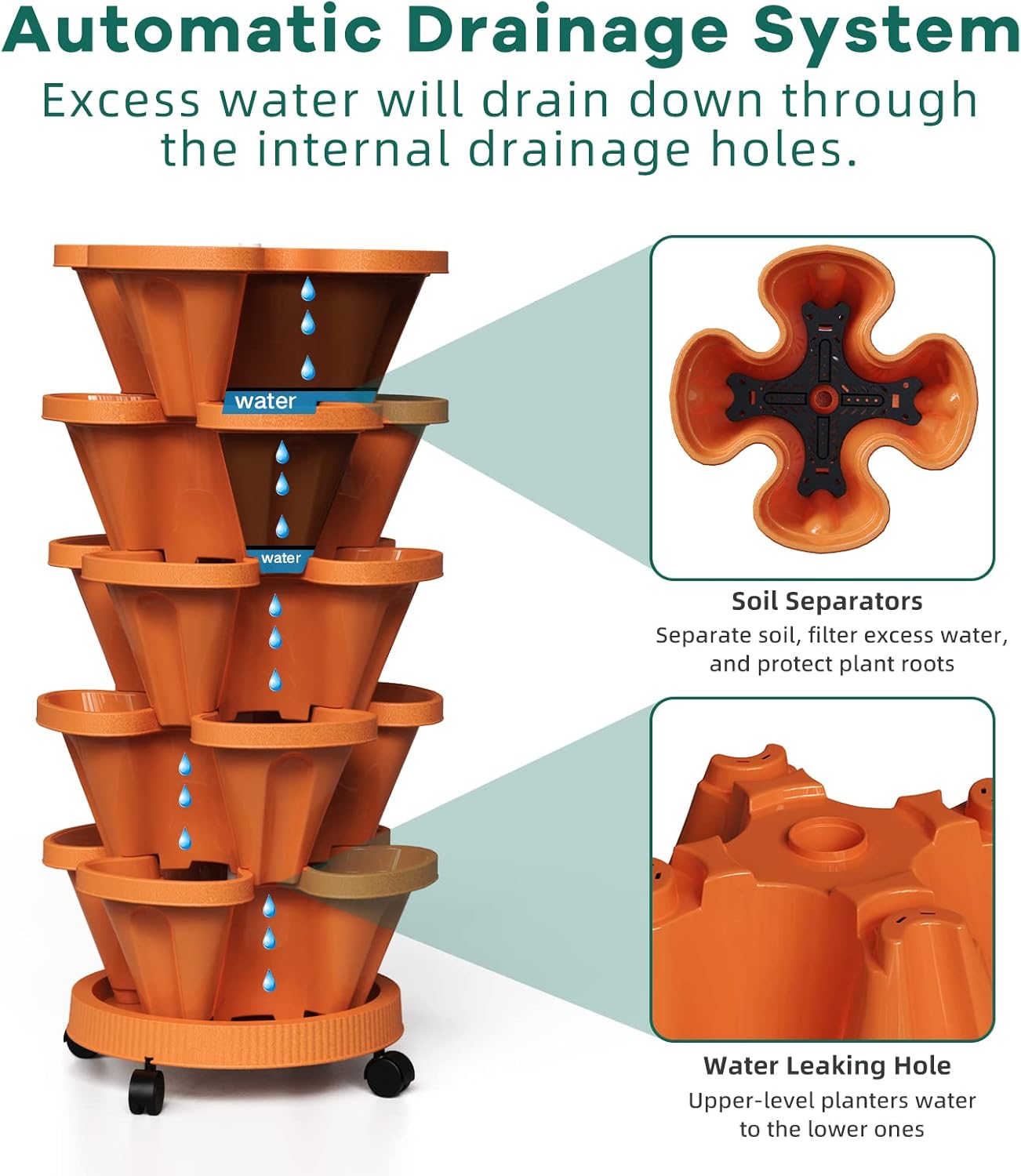 Strawberry Vertical Planters, 3 Tiered Stacking Tower Garden, Stackable Herb Vegetable Planters with Movable Casters and Bottom Saucer Indoor and Outdoor