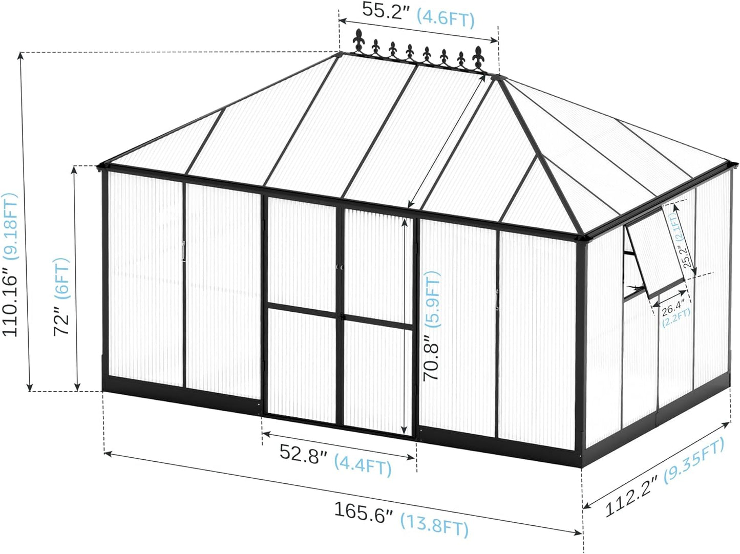 Jocisland 14x9.5x9 FT Polycarbonate Greenhouse- 6 FT Wall Height Outdoor Aluminum Greenhouses with 2 Ventilation and Rain Gutter, Double Doors with Hook, Walk-in Greenhouse for Backyard Garden