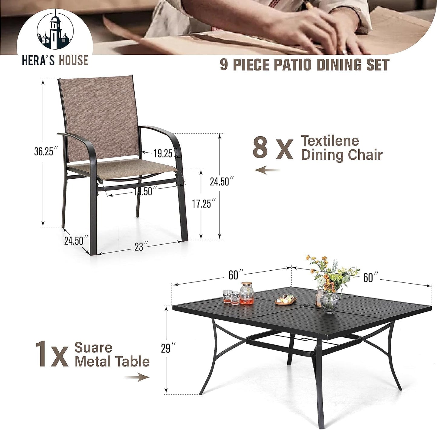 HERA'S HOUSE 9 Pieces Patio Dining Set, Outdoor Table and Chairs Set for 8, 8 x Brown Textilene Dining Chair and 60" Square Metal Dining Table, Outdoor Dining Sets for Lawn Garden Backyard Deck