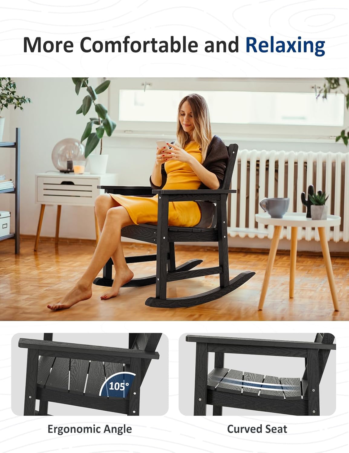 Patio Rocking Chair, Weatherproof HIPS Outdoor Rocking Chair for Adults, 400LBS Support Heavy Duty Porch Rocking Chairs for Garden, Lawn, Backyard, Outdoor and Indoor (Black)