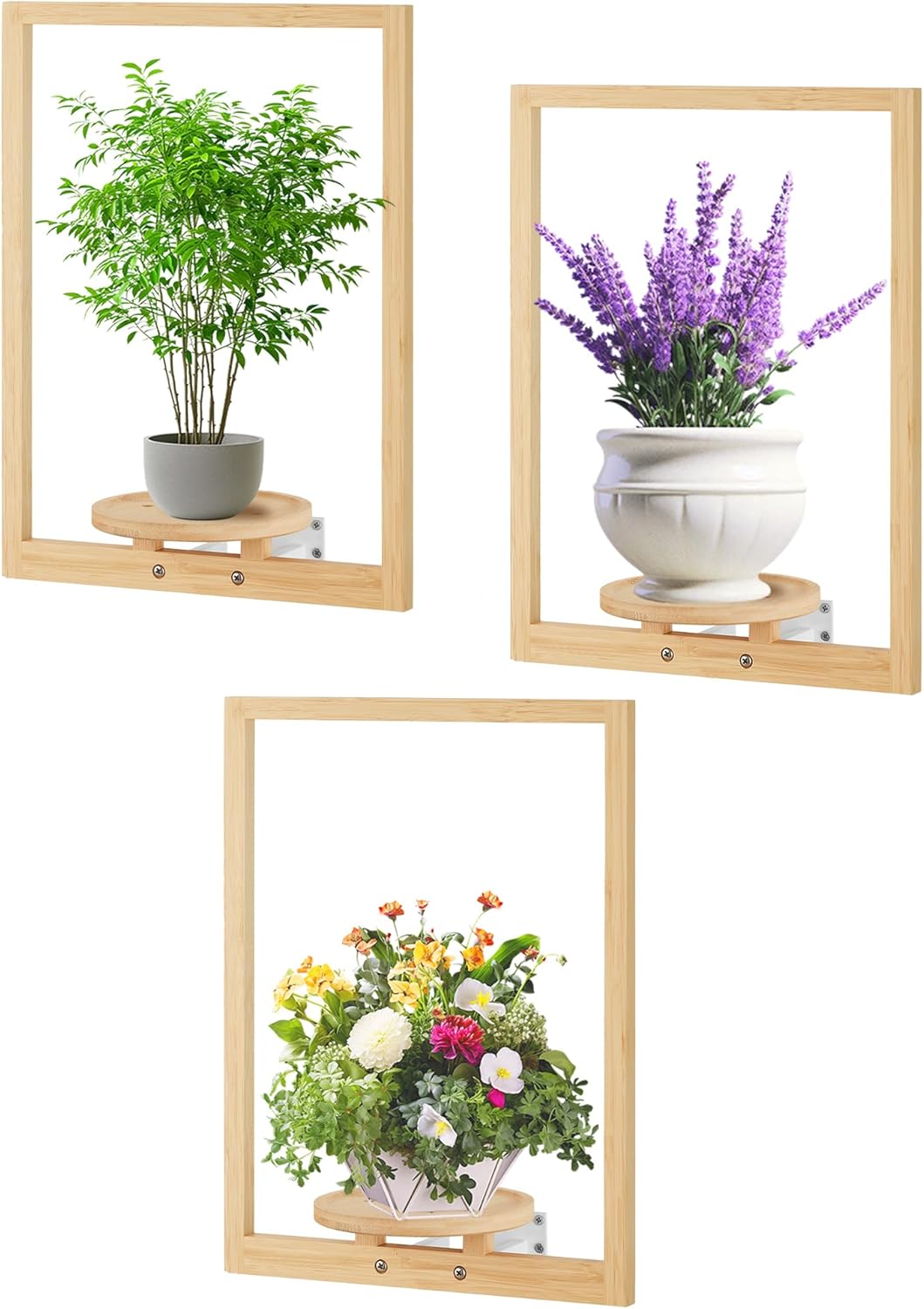 yadoker Wall Planters for Indoor Plants,Bamboo Hanging Plant Holders, Wall Decor Plant Stand, 3-Pack Window Plant Shelves for Living Room & Entryway