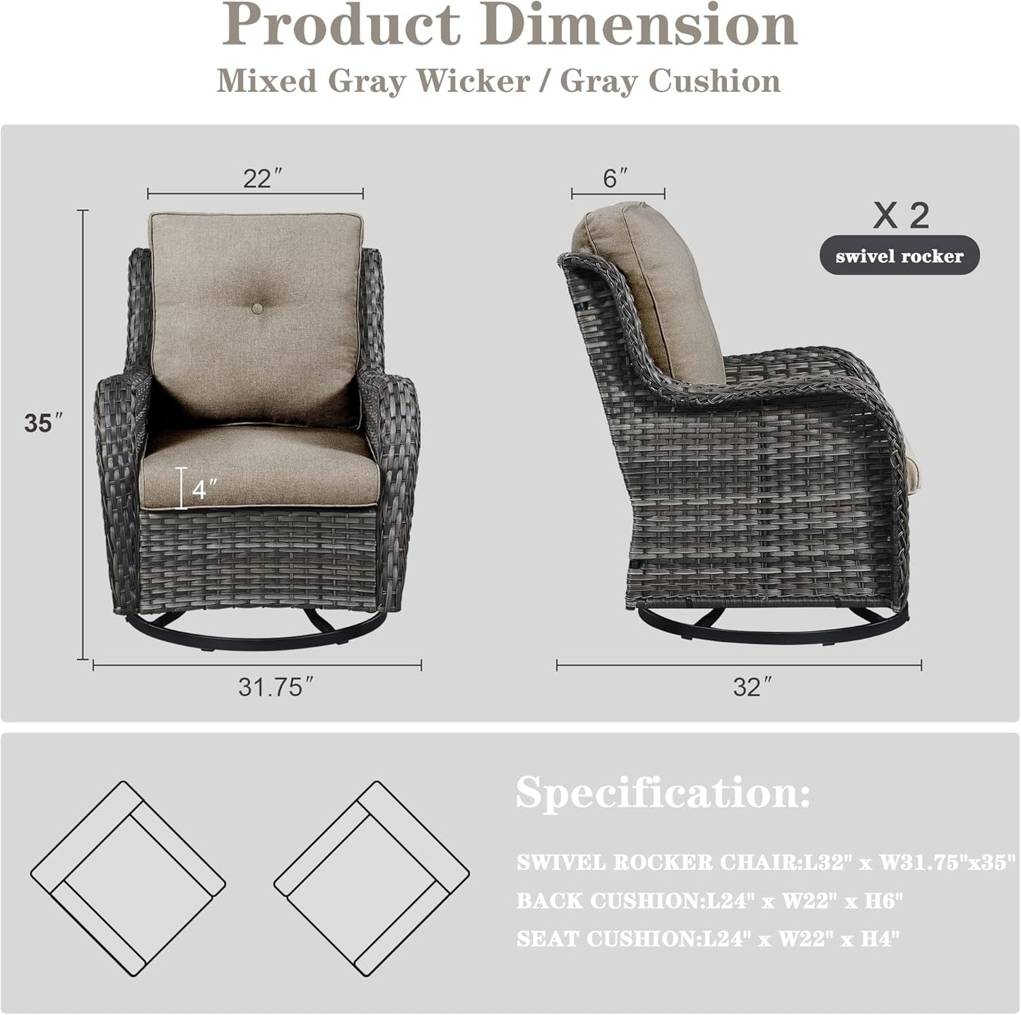 Outdoor Swivel Rcoker Patio Chairs - Outdoor Swivel Patio Chairs Set of 2 Wicker Chair Patio Furniture Sets with Covered Cushion for Porch Deck Balcony Garden, Gray