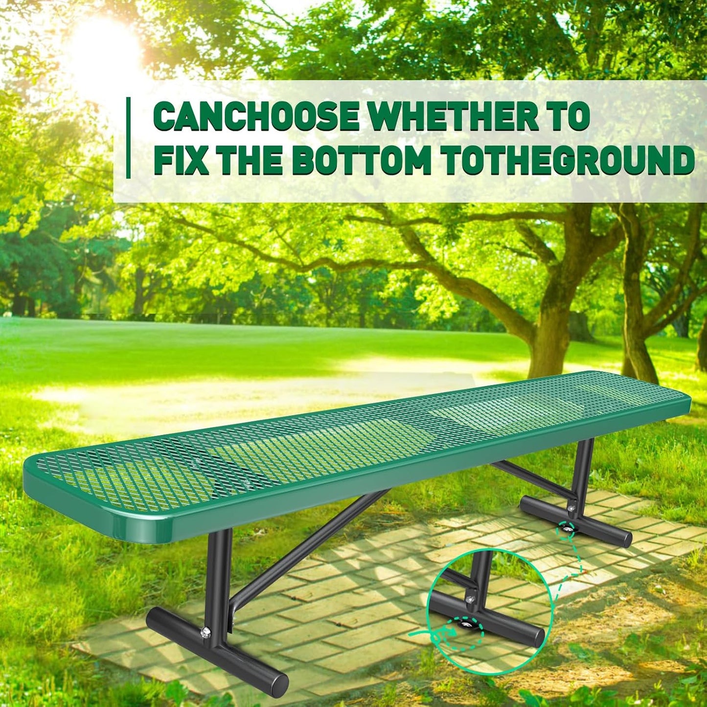 Thermoplastic Coated Iron Park Bench for Outside, Heavy Duty Metal Garden Bench, Expanded Commercial Grade Seating for Shopping Malls, Lawn Yard Porch Entryway (Green without Backrest, 96IN)