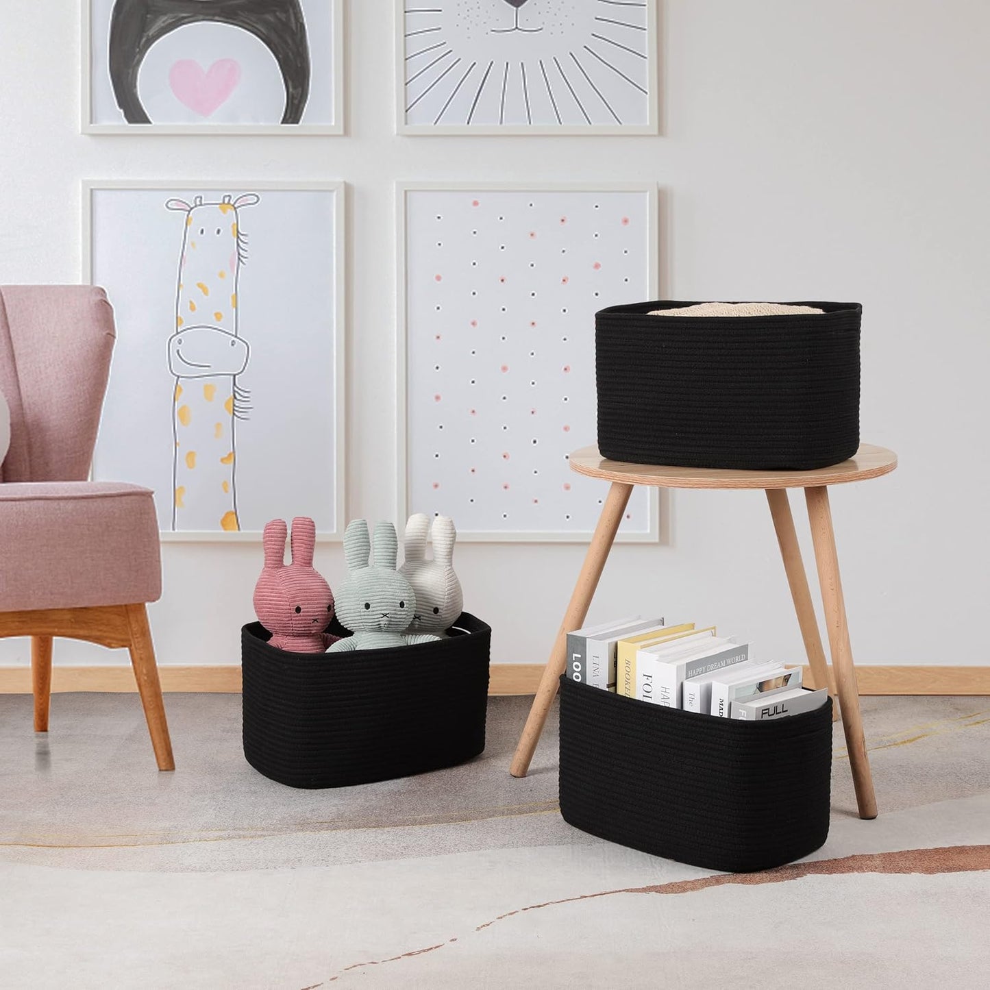 Cotton Rope storage Basket Bins 14.5X9.5X9.3“ Woven Basket for Organizing Shelves Rectangle Decorative Baskets For storage Clothes Toys Books Towels Square Wicker Nursery basket organizer 3 pack black