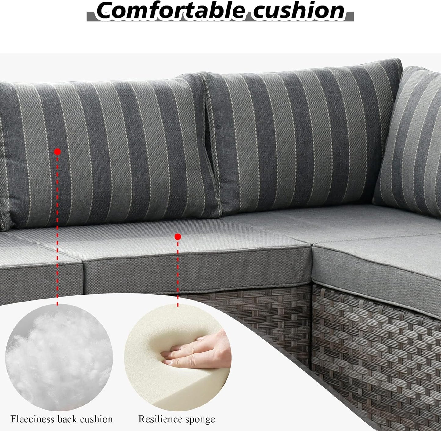 HOOOWOOO Modular Patio Outdoor Sectional Furniture Set,6 Piece Wicker Conversation Sofa Set,Out Door Couch Set with Wide Arm for Outside All Weather(Grey Stripes)