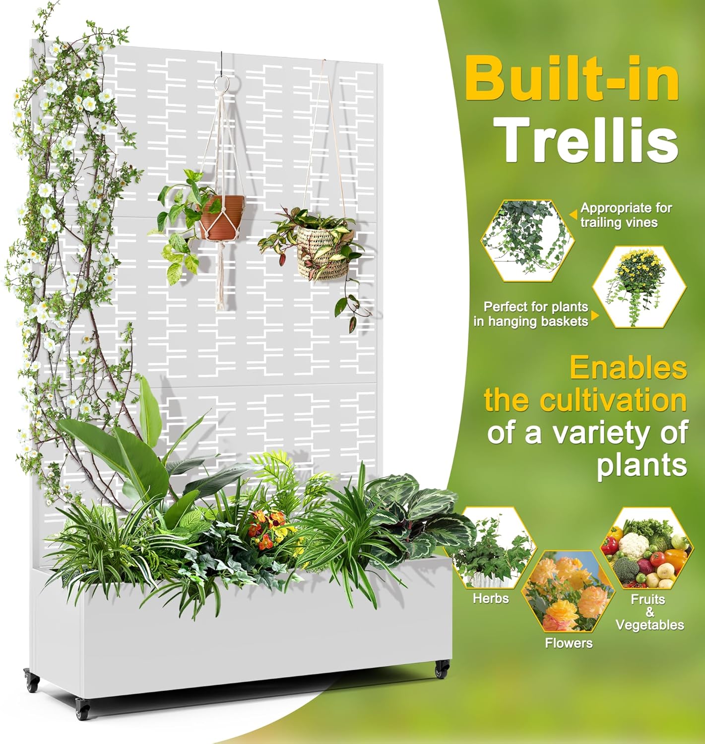 FENCY Metal Raised Garden Bed with Wheels and Trellis,73"x47"x16" Planter Box for Climbing Plants, Vegetables & Vines, Features Privacy Screen and Drainage Holes (White-Brick)