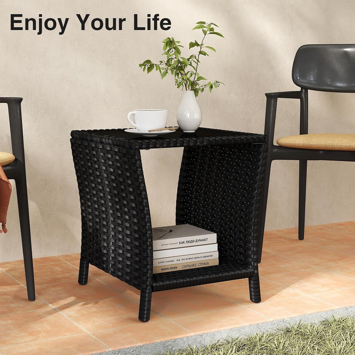 Outdoor Small Patio Table - PE Rattan Coffee Table, Wicker Side Table for Patio, Balcony & Porch, Durable & Iron Frame (2, Black)