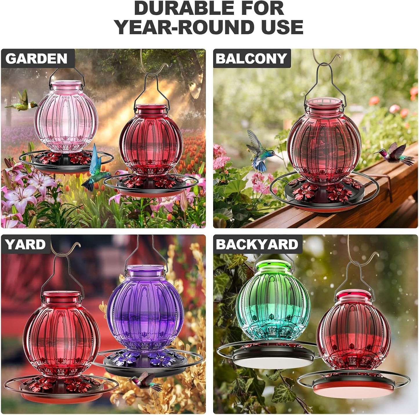 2 Pack Glass Hummingbird Feeder for Outdoors Hanging, Bird Nectar Feeder with Perch & 5 Flower Feeding Ports, 26 Oz Leak Proof for Outside Garden Decor Backyard, Gifts for Women Mom, Red & Pink