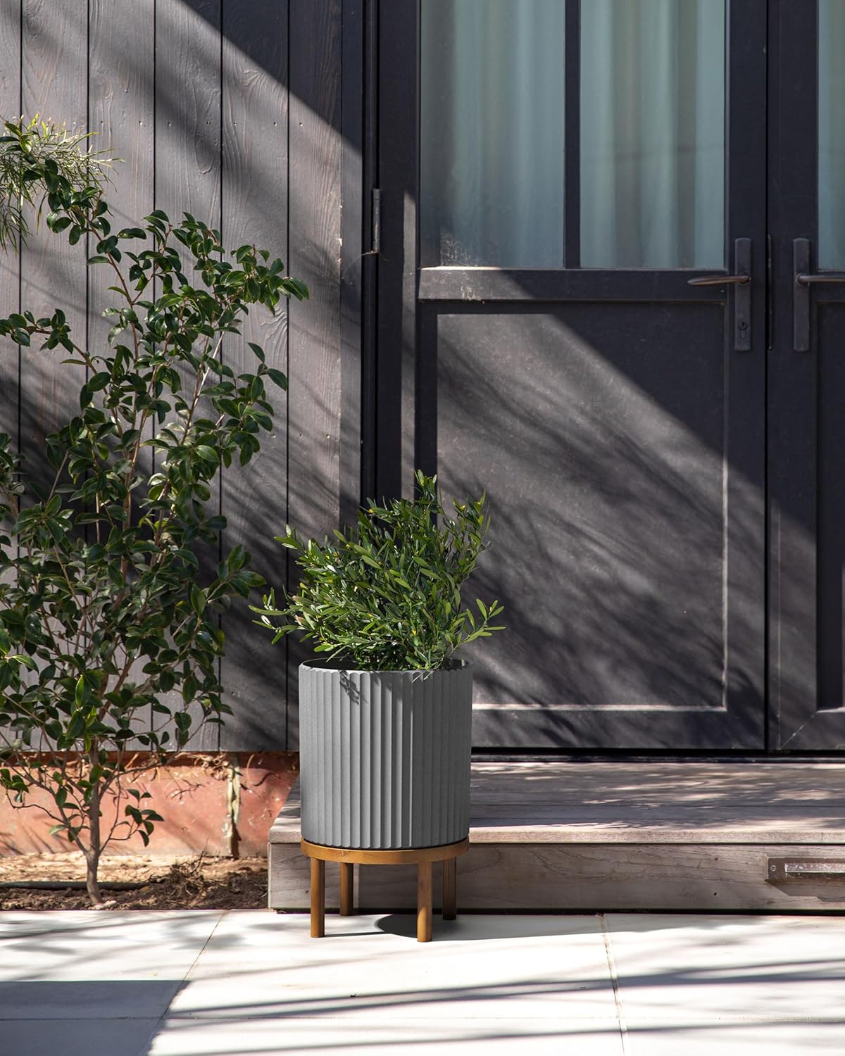 Veradek Demi Series Round Planter w/Stand for Porch/Patio | Durable Plastic-Stone Composite & Wooden Stand | Modern Décor for Tall Plants, Flowers