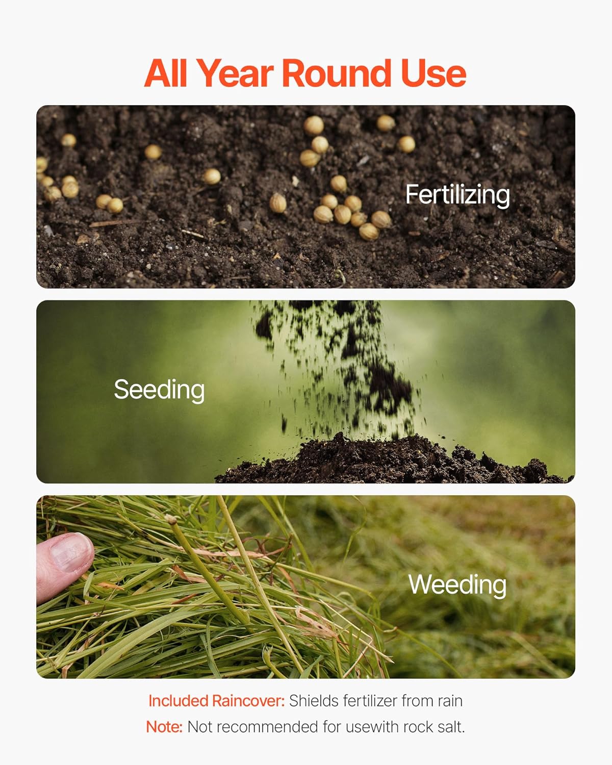 VEVOR Broadcast Spreader, 60LBS Capacity, Walk-Behind Push Spreader, 0-9.8 ft Spreading Width, 10 in All Terrain Pneumatic Tires, Lawn Spreaders with Hopper Grate, for Seed, Fertilizer, Salt, Ice Melt