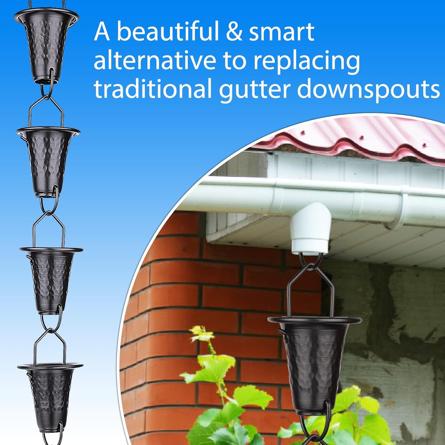 Hand-Hammered Fluted Rain Chain 8.5 FT – Black Powder-Coated Aluminum - Functional and Decorative Replacement for Gutter Downspouts - Premium Rain Chains for Gutter
