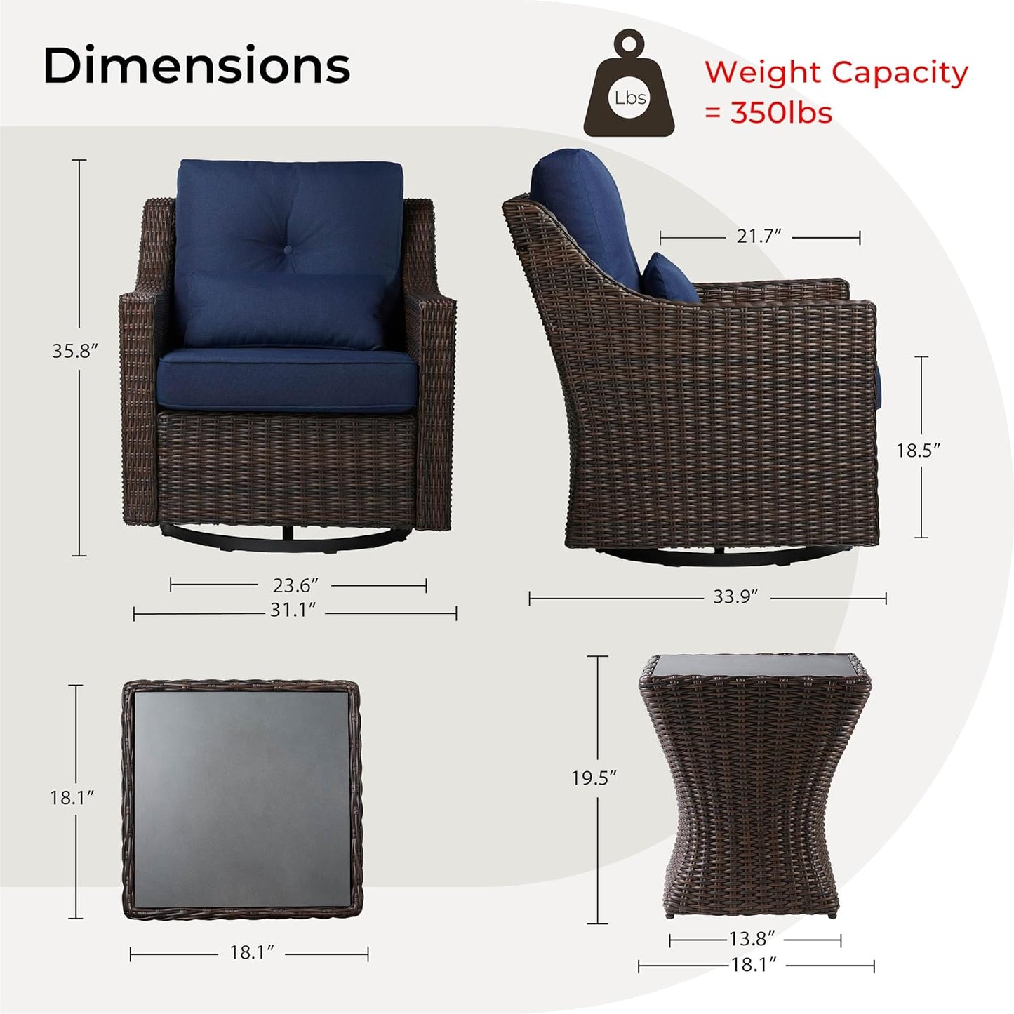 CHITA 3 Pieces Wicker Patio Bistro Set, Outdoor Furniture Set with 2 Pieces Rattan Rocking Swivel Chairs, Thickened Cushions and Side Table