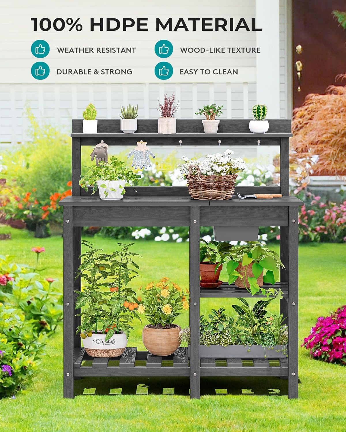 SERWALL Potting Bench Outdoor Potting Table with Sink, HDPE Potting Benches for Outside Gardening Table All Weather Use- Gray