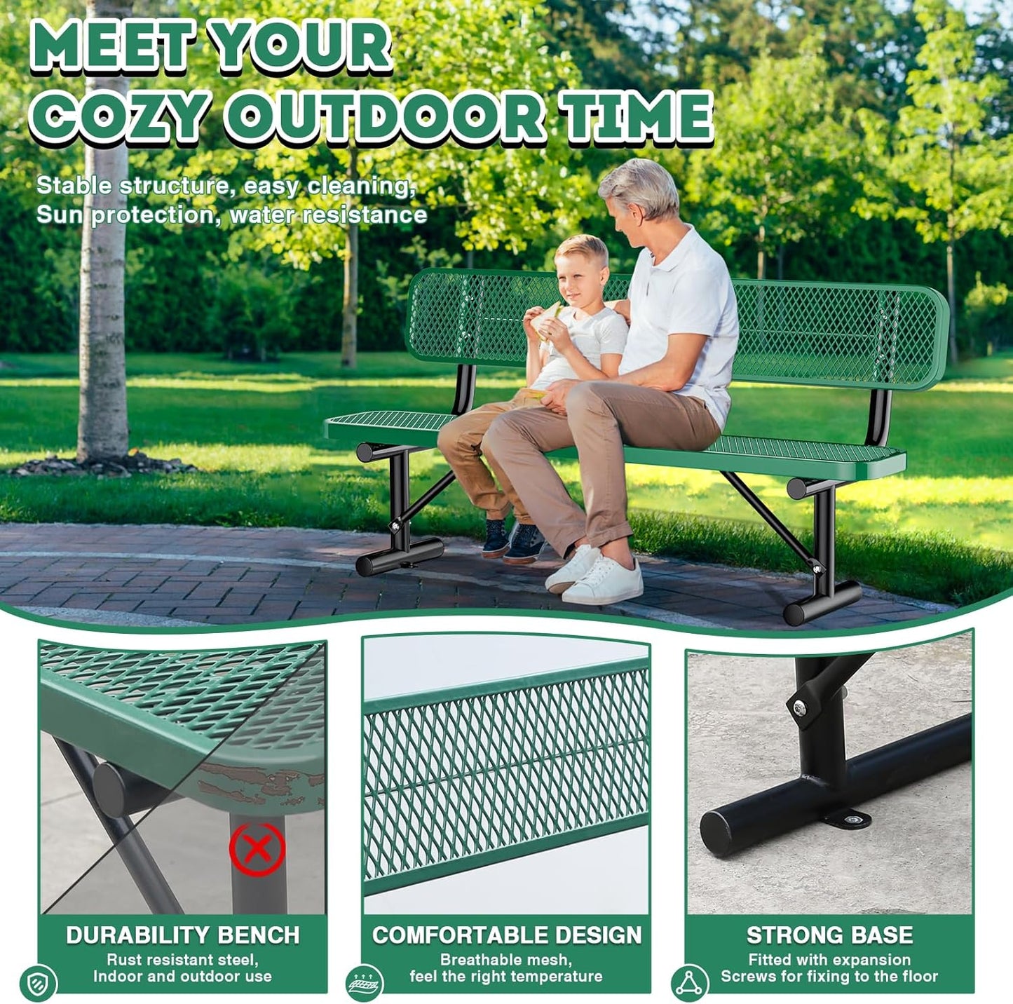 Thermoplastic Coated Iron Park Bench for Outside, Heavy Duty Metal Garden Bench, Expanded Commercial Grade Seating for Shopping Malls, Lawn Yard Porch Entryway (Green with Backrest, 72IN)