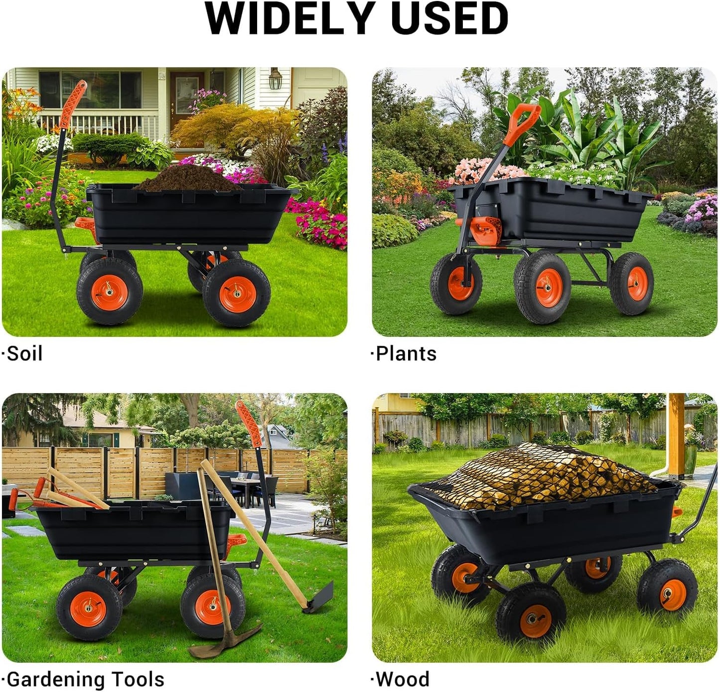800 Lbs Garden Dump Carts, Heavy Duty Yard Cart, 4 Wheel Wheelbarrow with 10in Tires, Steel Frame and Quick Release System for Plants, Soil, Sand, in Courtyard, Beach, Farm(Black)