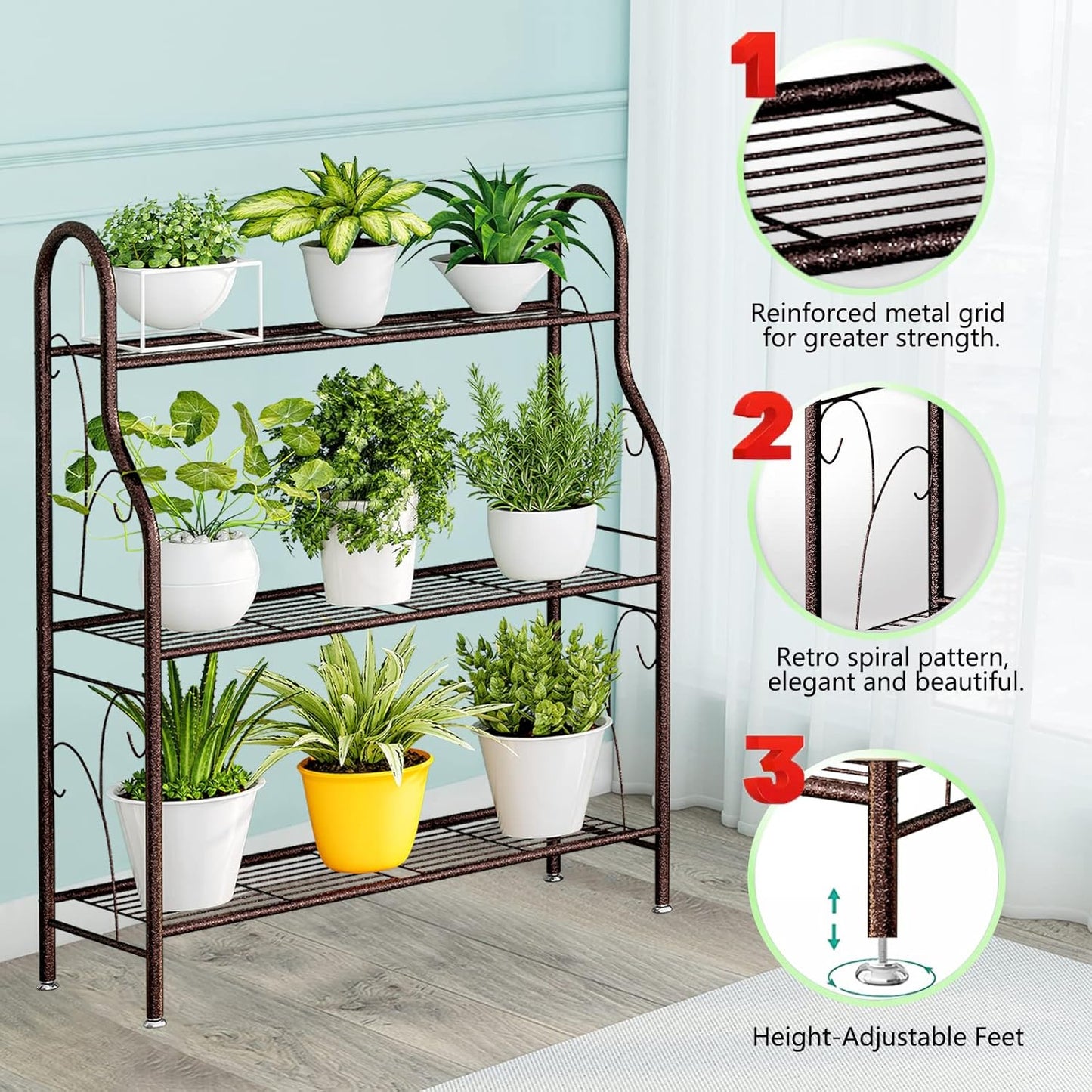 SORCEDAS Plant Stand Indoor Outdoor Plant Shelf 3 Tier Metal Corner Flower Stand Multiple Holder for Patio Garden Balcony Living Room, Bronze