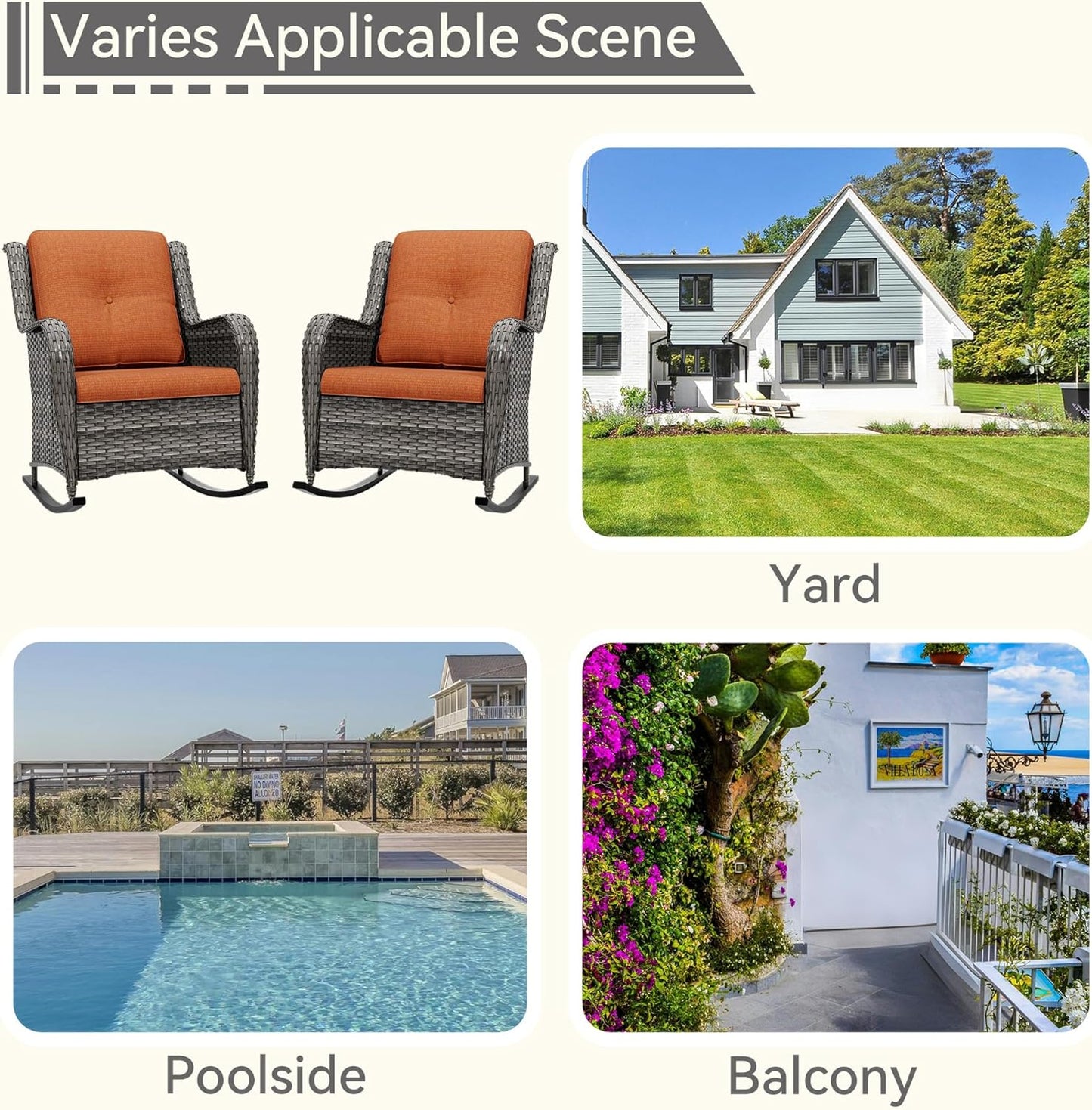 Outdoor Rocking Chair of 2, Wicker Patio Rocker Chair for Yard, Porch, Mixed Brown Grey Rattan, Orange Cushions