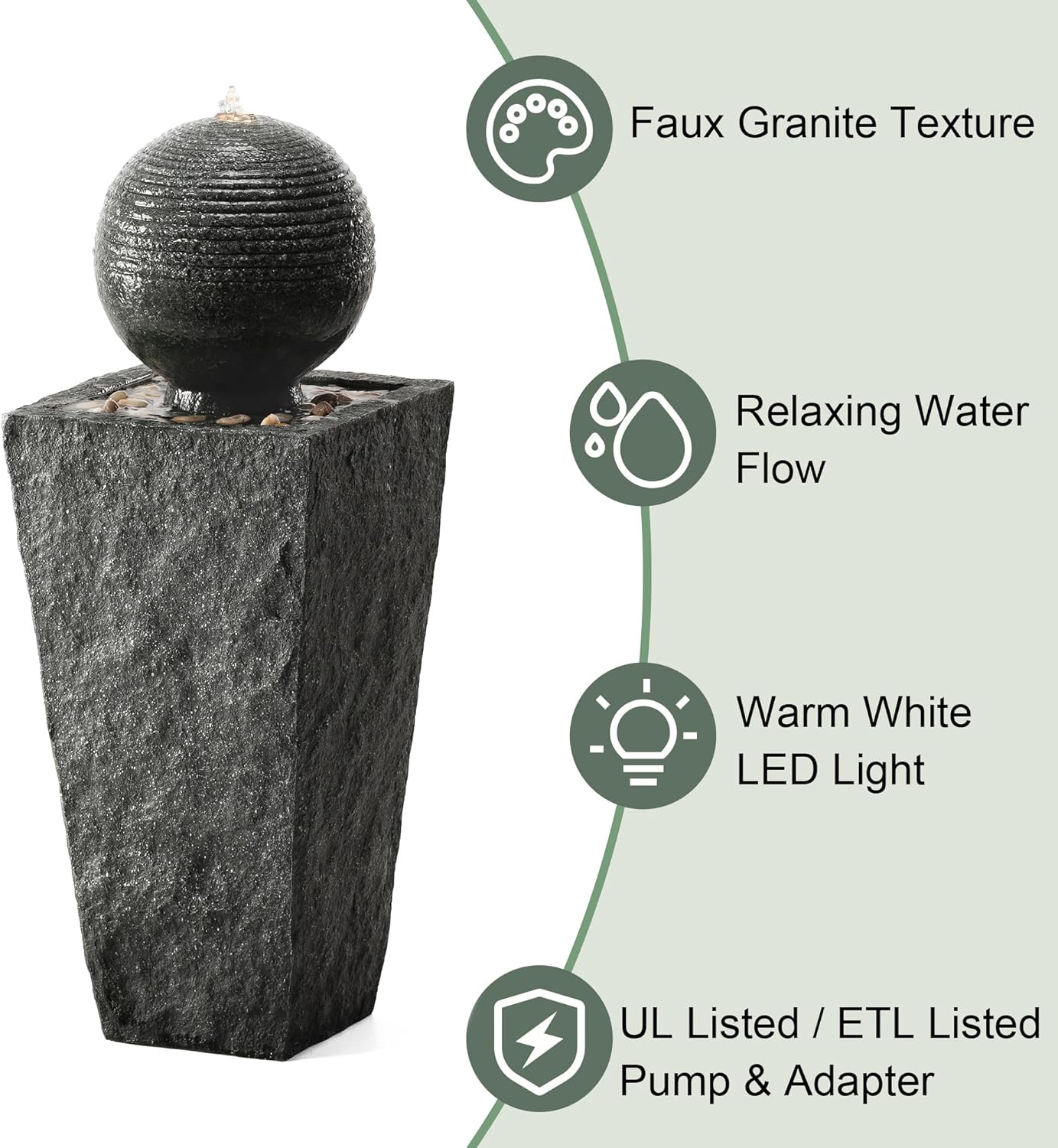 Glitzhome Outdoor Water Fountain with LED Light, Decorative Sphere Pedestal Outdoor Fountain with Submersible Pump, Vintage Waterfall Fountains for Garden Patio Deck Porch, 31.69”H