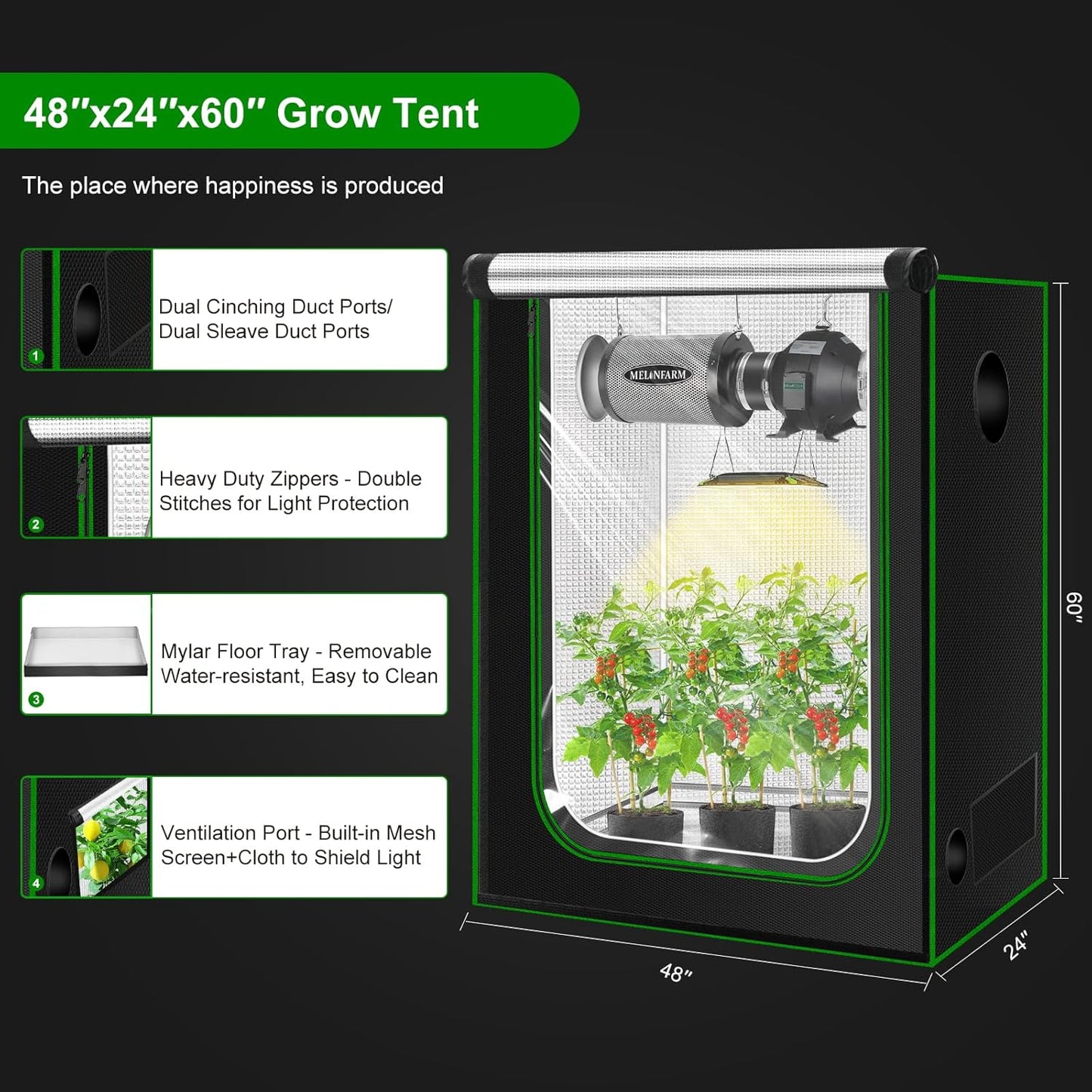 MELONFARM 4x2 Grow Tent, 48"x24"x60" Double Transparent Viewing Door Indoor Grow Tent, Growing Tent with High Reflective Mylar & Floor Tray, Plant Tent for Indoor Hydroponics Growing