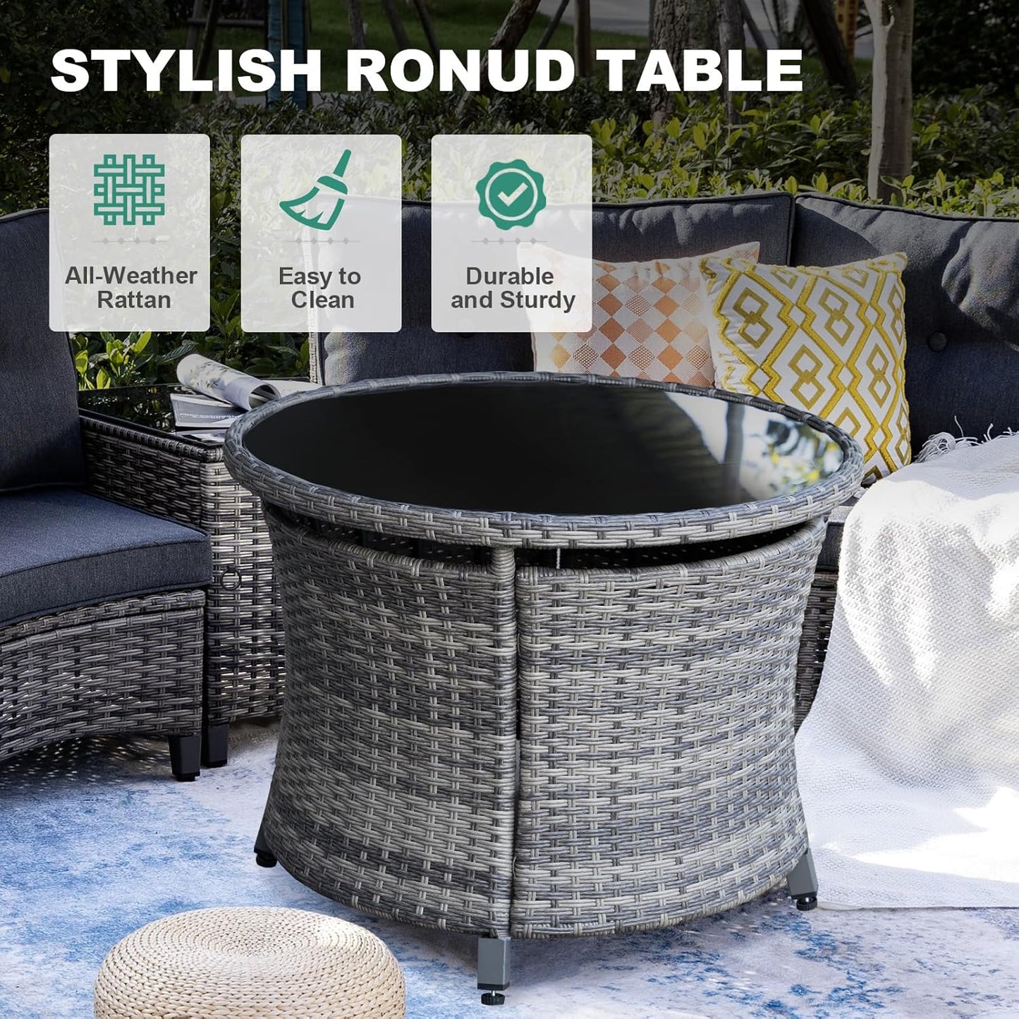 8 Piece Outdoor Patio Furniture Set, Half-Moon Curved Sectional Set with Wood Armrests, Patio Conversation Set, 2 Half-Moon Ottomans, Round Table & Side Table (Grey)