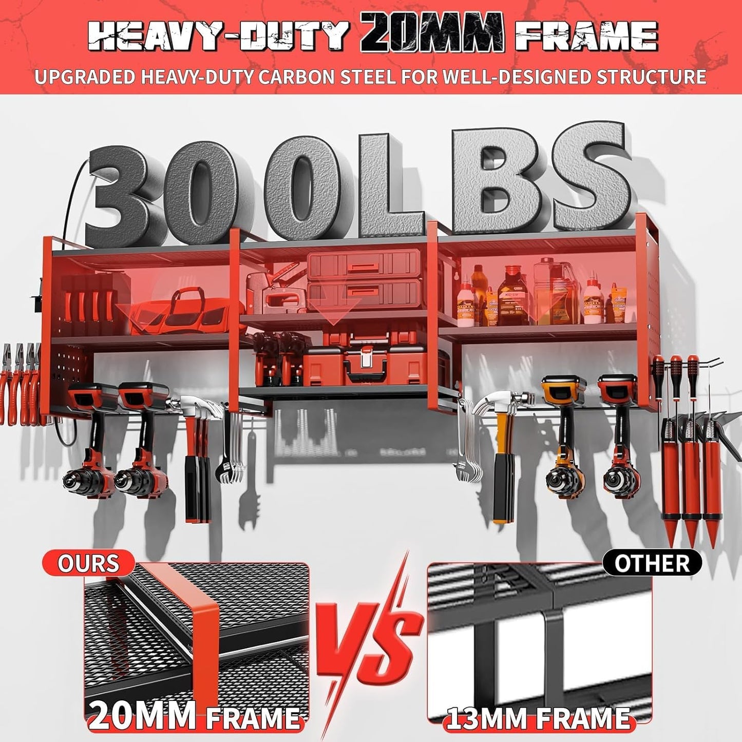 Power Tool Organizer with Charging Station Wall Mount, 3 Layer Expanded Heavy Duty Garage Organization, 48.8 Inch Length Garage Tool Storage, 4 Drill Slot, 16" Standard Hole, Red