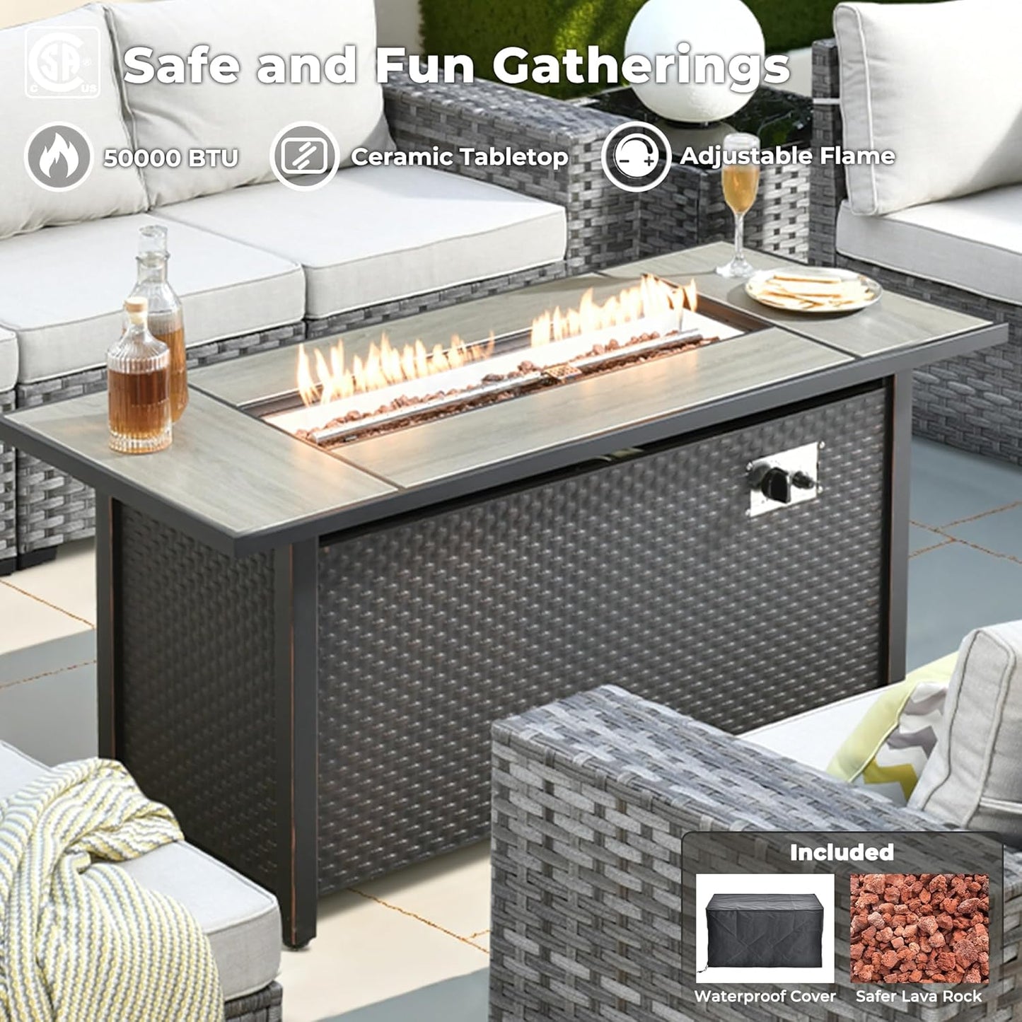 ovios 10 Pieces Patio Furniture Set, Outdoor Wicker Sectional Sofa with 54" Fire Pit Table Swivel Chairs, Modern Modular Deep Seat Rattan Couch Conversation Sets, Beige