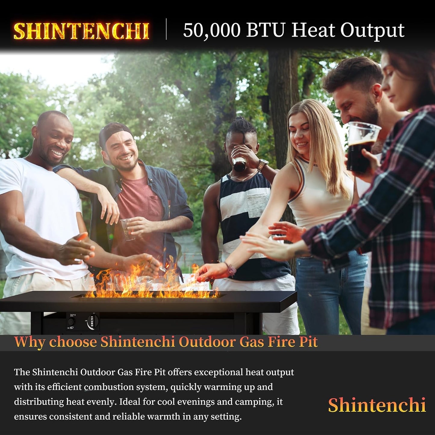 Shintenchi 43 Inch Fire Pit Table, 50,000 BTU Outdoor Propane Fire Table, Outdoor Steel Propane Fire Pit with Lid and Lava Rock for Garden, Yard, Camping, Pool Use, Black