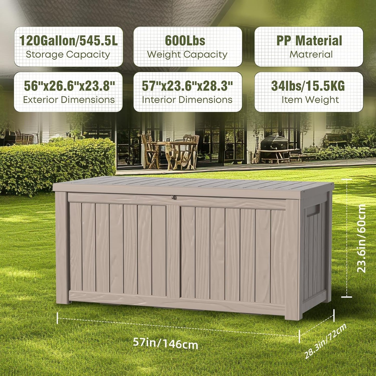 DRATO 120 Gallon Large Deck Box, Outdoor Storage Box for Patio Furniture, Patio Cushions, Gardening Tools, Pool Supplies,660lbs Weight Capacity,Waterproof Resin Storage Boxes