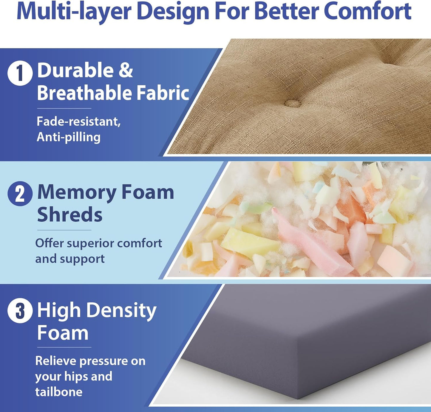 Chair Cushions for Dining Chairs, Dining Chair Cushions, Tufted Indoor Chair Pads with Ties & Non Slip Backing, Seat Cushions for Kitchen Chairs 16.5” x 16.5” x 3.5”, Set of 4, Khaki