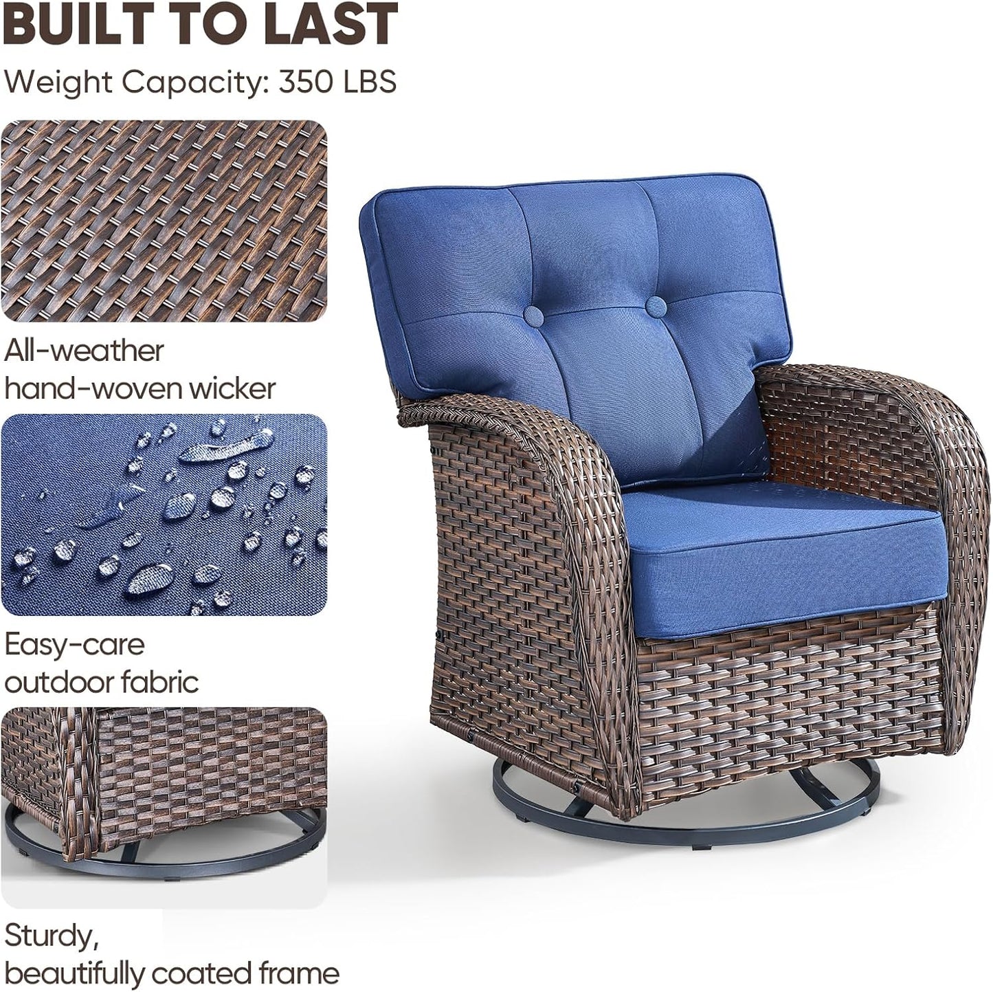 9-Piece Rotating Balcony Chair Set with 31-inch T-Shaped Wide backrest - Rattan Outdoor Rotating Balcony Chairs, Wide backrest Comfortable Outdoor Sliding Chair - Brown | Blue