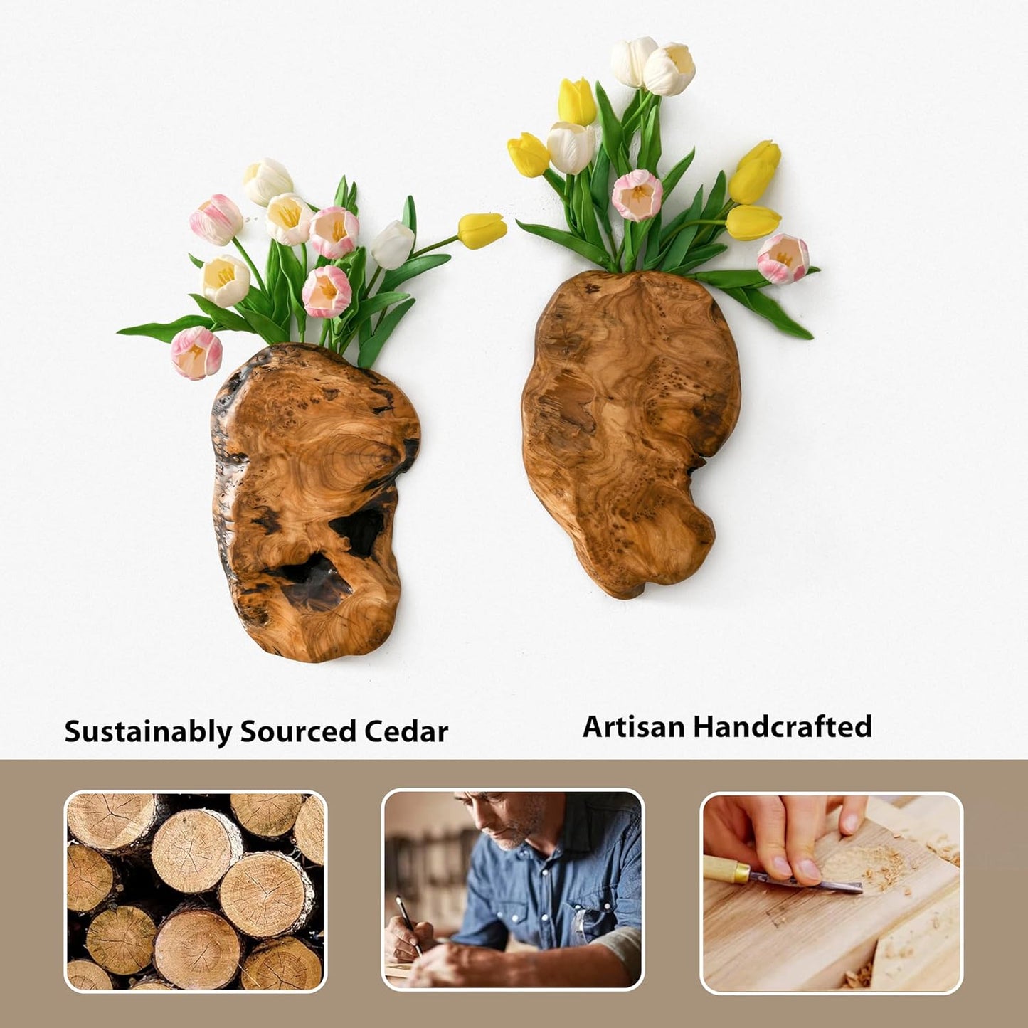 JOLLYMER 2-Pack Cedar Wood Live Edge Wall Vases – Natural Edge Hanging Flower Vase, Organic Root Carved, Rustic Home Décor, Handcrafted Wall Mounted Wooden Vase (Flowers Not Included)