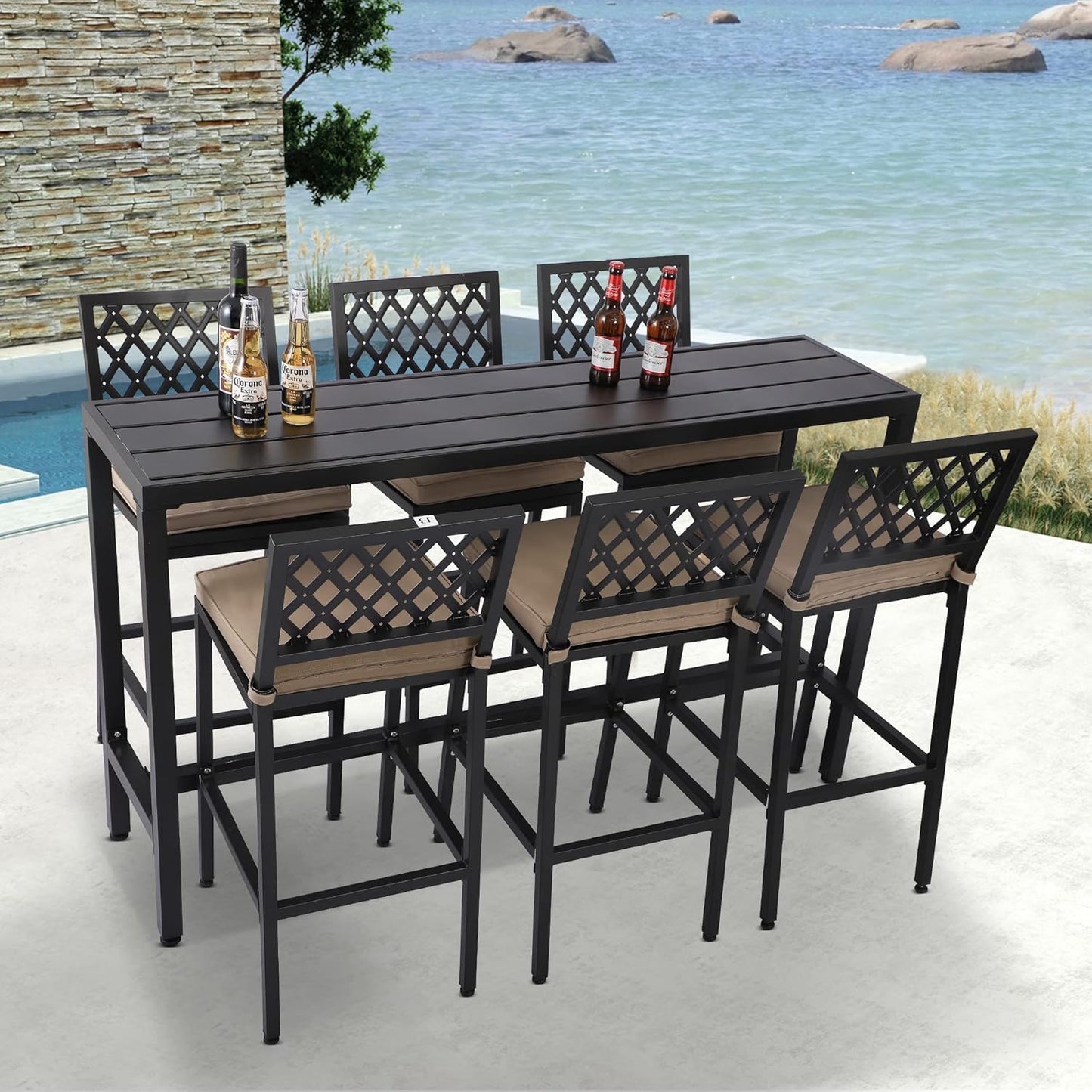 Outdoor Patio Bar Set, Bar Height Patio Dining Set, Weather-Resistant Bistro Counter Pub Set with Cushions & Slatted Tabletop for Backyard, Garden, Yard (63" Table, 6 "X Style Stool, Black)