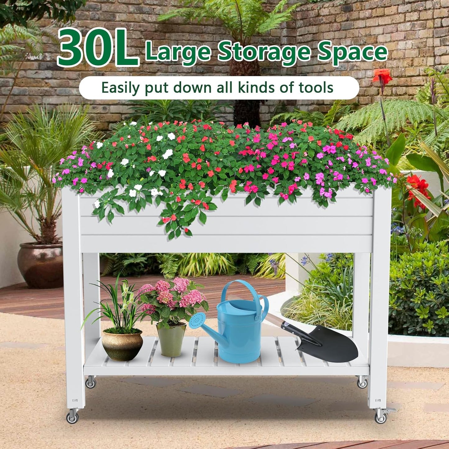 Elevated Horticulture Raised Garden Bed with Legs, Divisible Raised Resin Planter Box for Backyard, Patio, Balcony, with 4 Legs, 4 Swivel Lockable Wheels, and Storage Shelf,Ashen