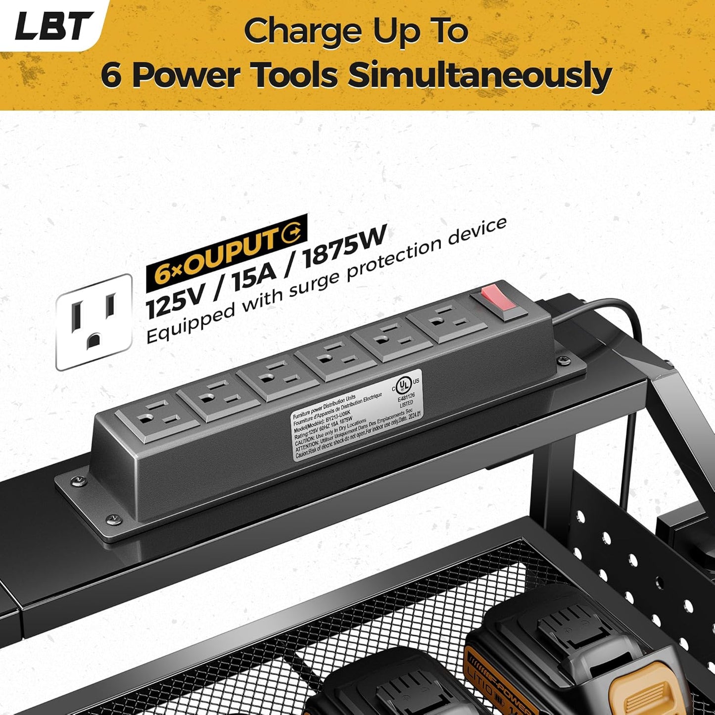LBT 4 Layer Power Tool Organizer Wall Mount With Charging Station, Patented, 6 Outlet Power Strip, 6 Drill Holder, Heavy Duty Metal Garage Tool Storage Rack, Gifts For Men Fathers Day