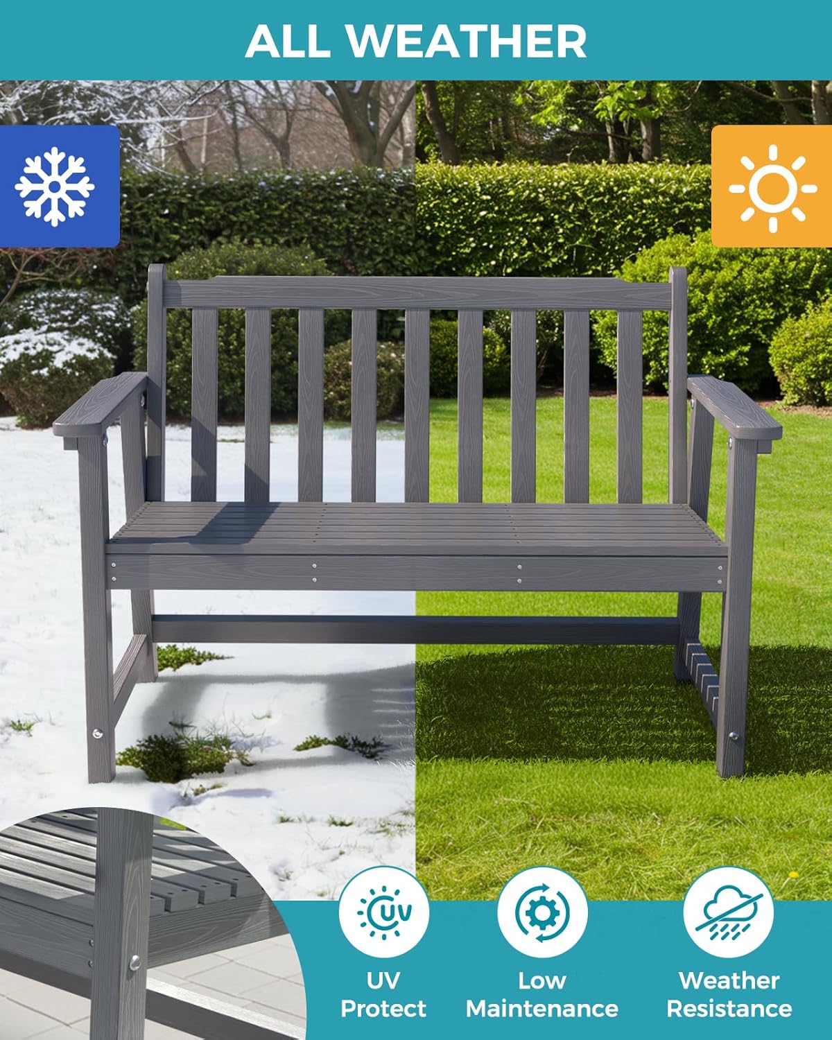 Outdoor Bench, 2-Person HDPE Garden Bench, All Weather Poly Patio Bench for Outdoors, Garden, Backyard, Porch and Park, 550 lbs Weight Capacity, Grey, 2 Pack