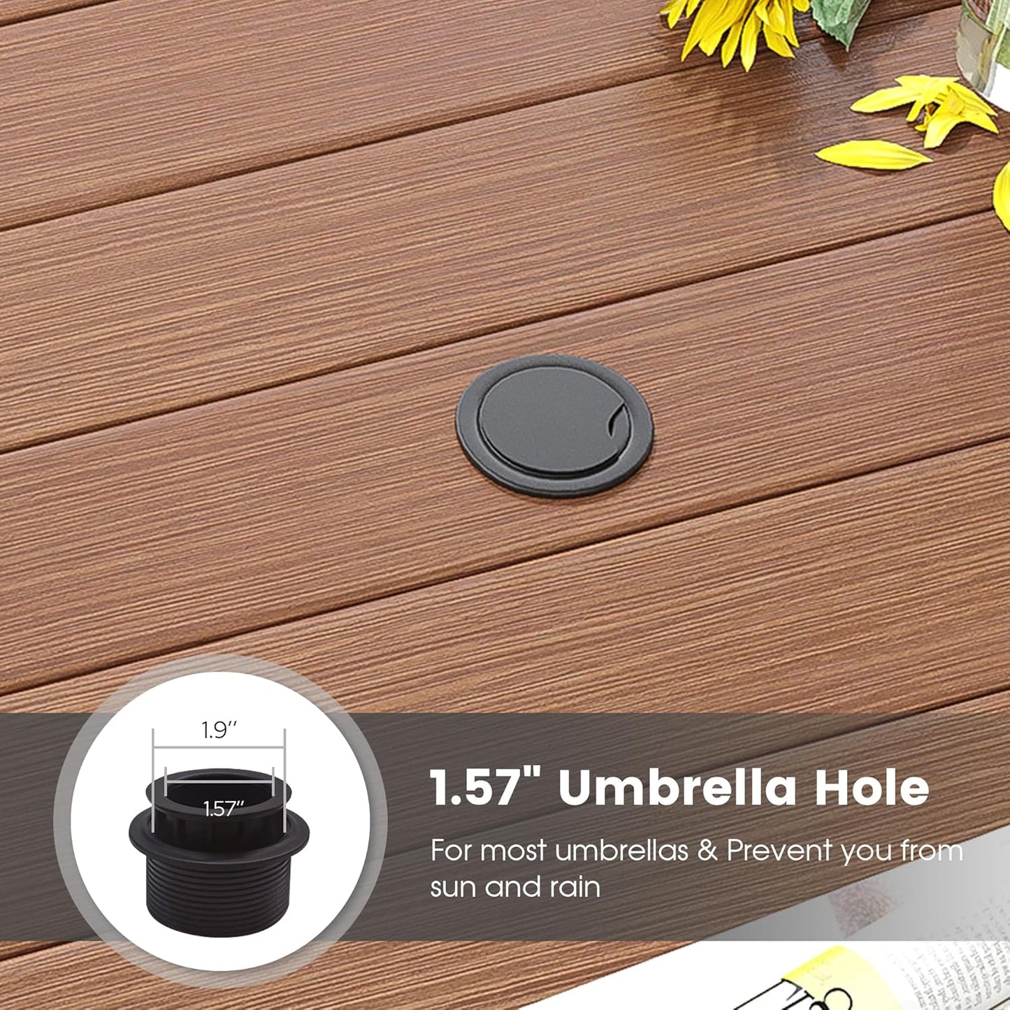 DIFY Patio Round Dining Table, 53" All Weather Round Outdoor Table with 1.57" Umbrella Hole for 8 Person, Perfect for Yard, Balcony and Lawn, Walnut