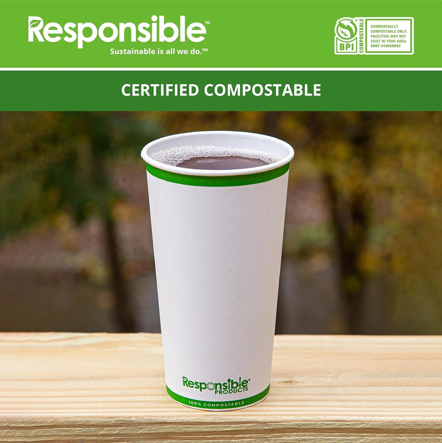 Certified Compostable 20 oz Paper Cups, Cold & Hot Coffee Cups, Disposable Paper Cups, Extra Strength Disposable Cups, Made without PFAS (50 count)