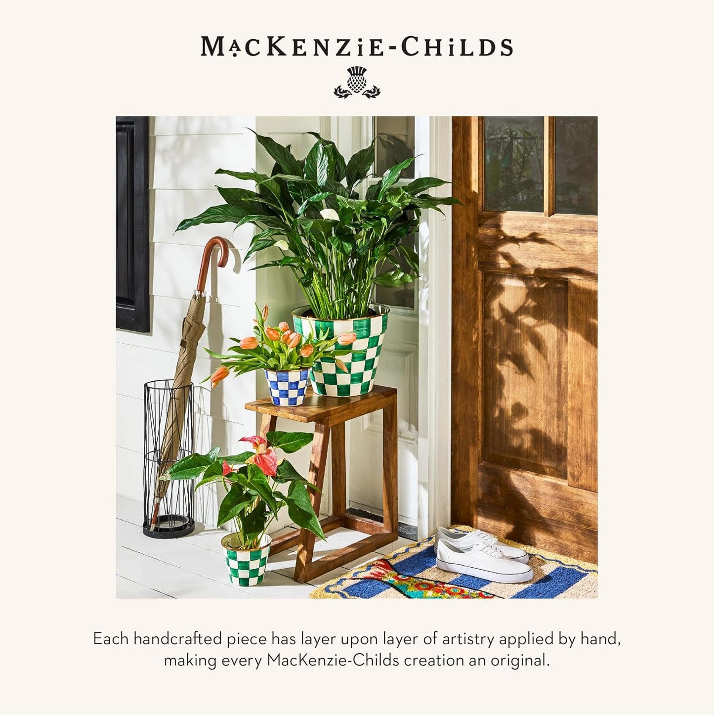 MACKENZIE-CHILDS Enamel Garden Pot, Decorative Pot for Plants, Outdoor Flowerpot Decor, Extra Large, Green-and-White Emerald Check