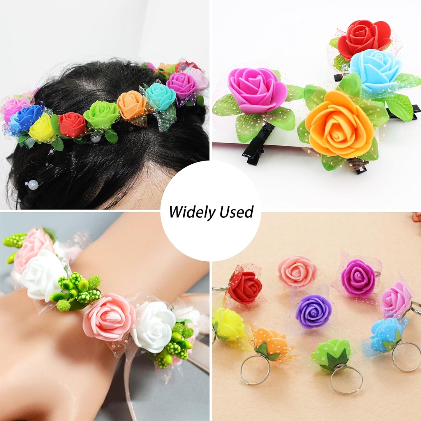 500 Pcs 0.6 Inch Mini Artificial Flowers Head Bulk 5 in 1 Set Faux Foam Fake Small Rose Tiny Baby Flores Bouquet Wreath Gift Hair Clip Home Decoration DIY Craft (7 Colors Mixed)