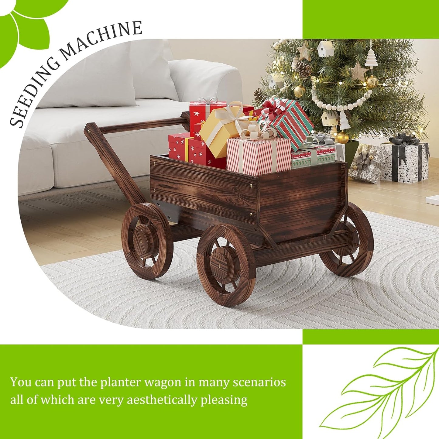 Wooden Flower Cart with Wheels Wooden Wagon Planter Outdoor Garden Planter Decor Planter for Patio Balcony Trolley Decoration Succulent Flower Pot, Indoor Backyard Balcon Decor.(S)
