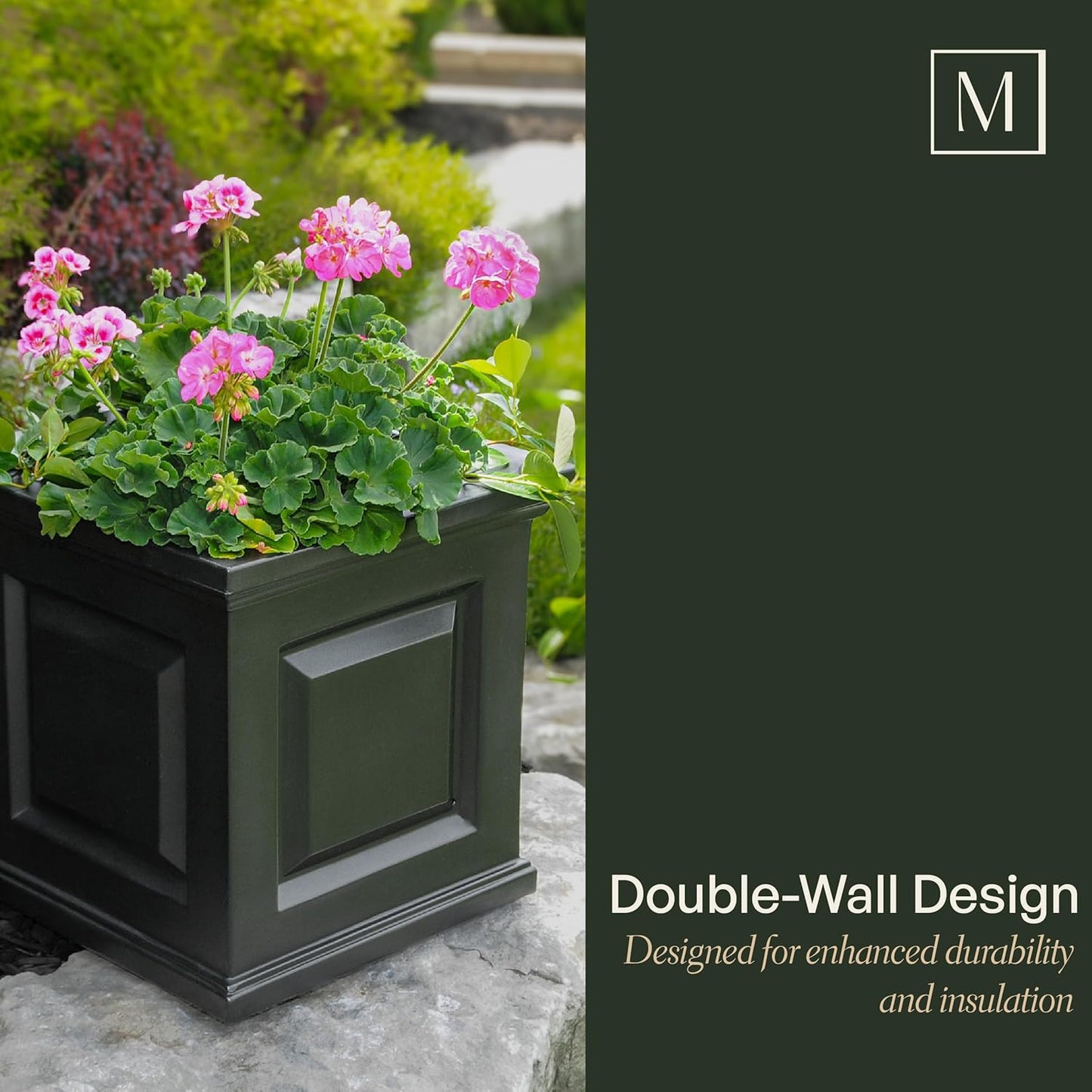 Mayne Nantucket 16-Inch Square Planter, 2-Pack – Self-Watering, Weather-Resistant Planter for Flowers – Durable Outdoor Design for Patio, Porch, or Entryway
