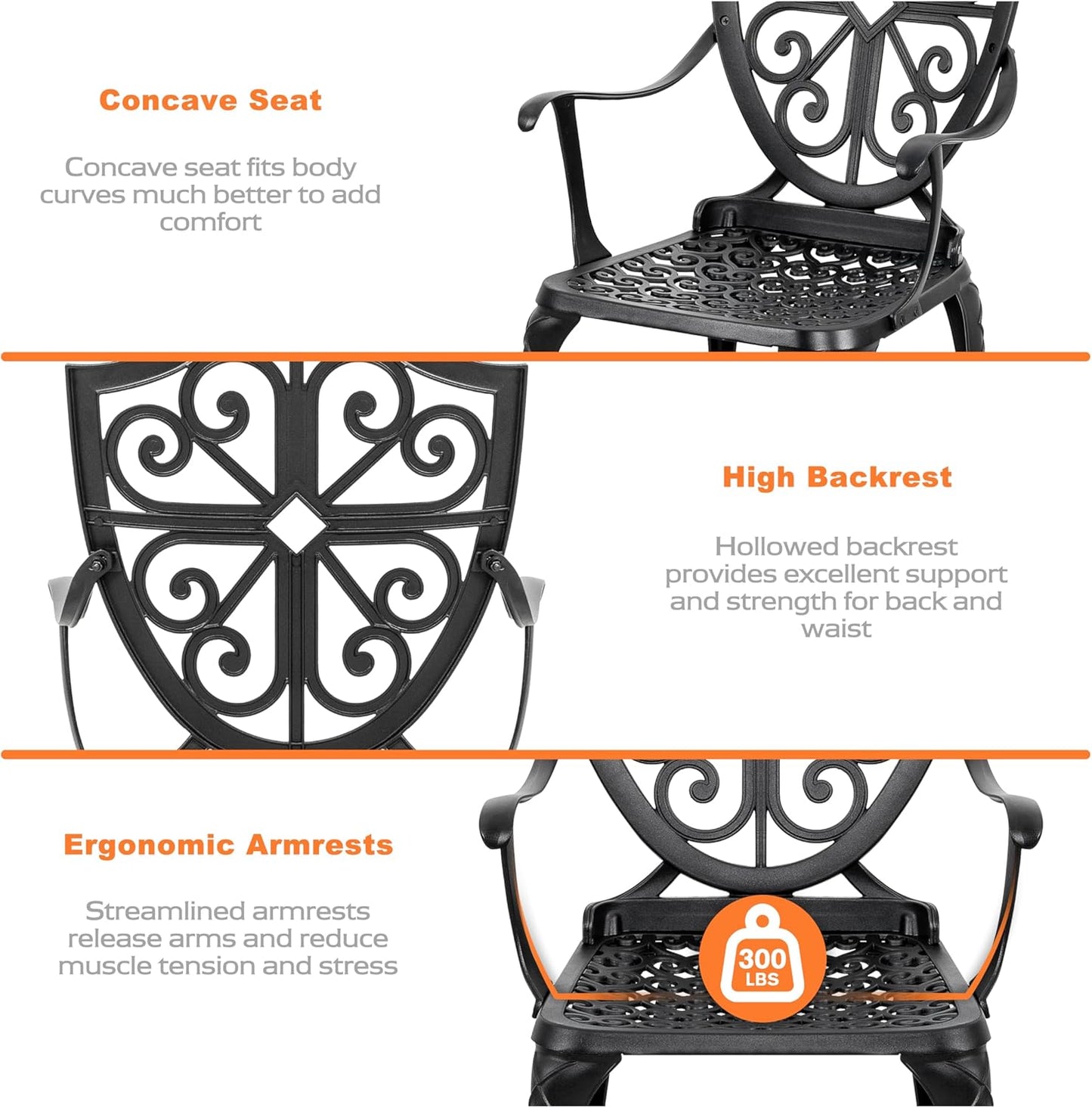 NUU GARDEN 3-Piece Outdoor Bistro Set, Round 24 Inch Cast Aluminum Bistro Table with 2.17" Umbrella Hole and 2 Cast Aluminum Bistro Chairs, for Patio, Garden, Backyard and Balcony, Black