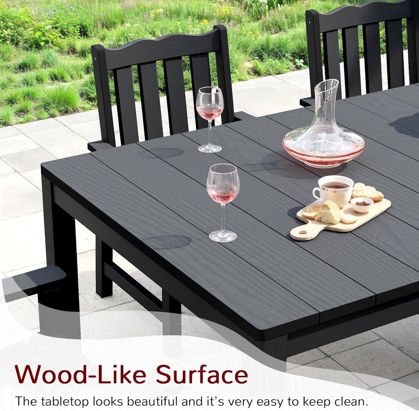 Stoog 7 Pieces Patio Dining Sets, All-Weather HIPS & Aluminum Outdoor Dining Table with Umbrella Hole, Patio Furniture Set Include 1 Table and 6 Chairs, for Backyard, Garden and Deck, Black