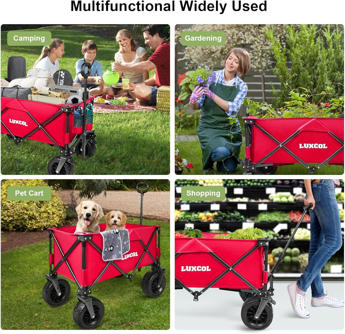 LUXCOL Collapsible Folding Wagon, Heavy Duty Utility Beach Wagon Cart for Sand with Big Wheels, Adjustable Handle&Drink Holders for Shopping, Camping,Garden and Outdoor