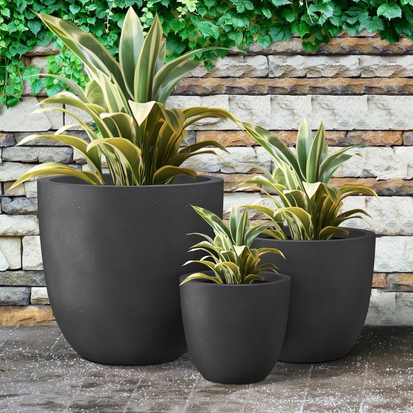 Kante 18",14",10" Dia Concrete Round Planters (Set of 3), Outdoor Indoor Large Planter Pots with Drainage Hole and Rubber Plug for Home Patio Garden, Black