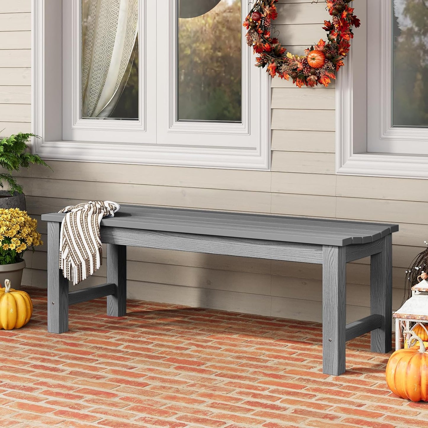 Outdoor Bench Set of 2, 2-Person Patio Backless Benches, HIPS Weatherproof Garden Bench That Never Rot and Fade, Suit for Backyard, Church, Patio, Deck and Entryway (Grey)