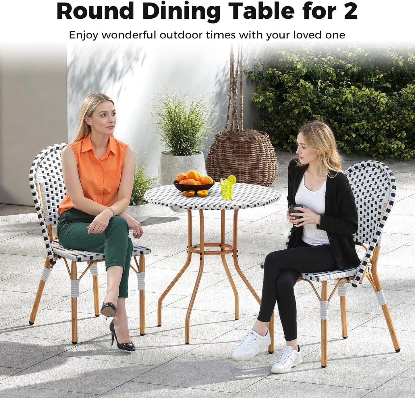 Tangkula 3 Piece French Bistro Table Chair Set, Outdoor Wicker Round Table & 2 Dining Chairs with Metal Support, Outside Accent Dining Furniture Set for Garden, Balcony, Porch